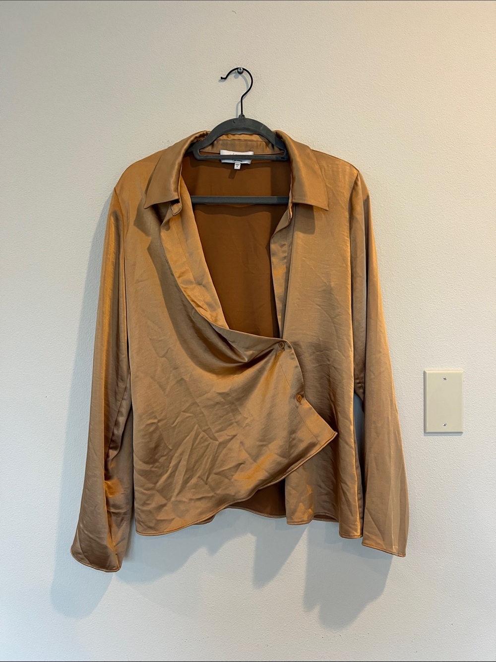 L'Academie Draped Satin Button-Front Shirt - Tan